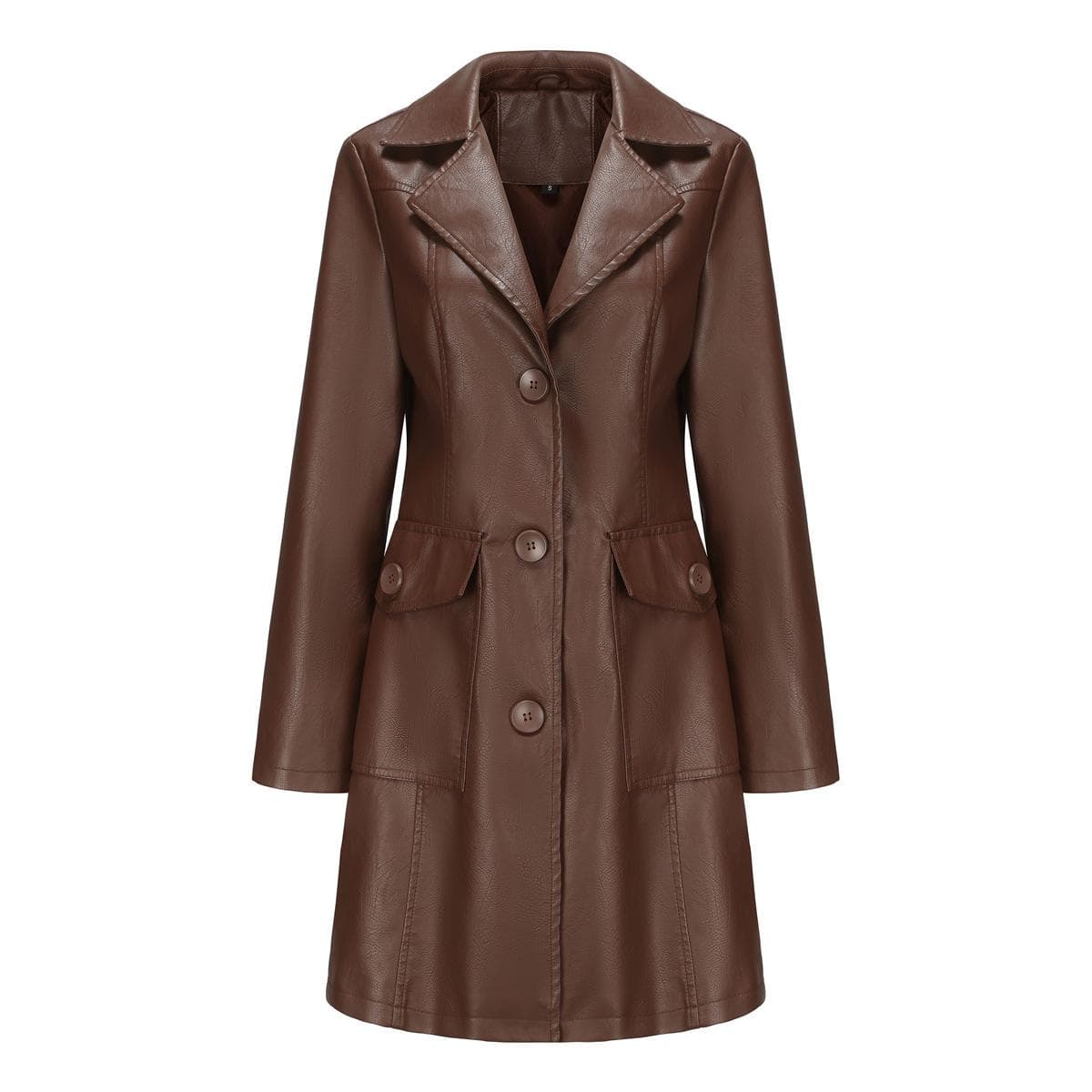 New Long Leather Coat, Spring and Autumn Long-sleeved Leather Windbreaker, Fashionable British Coat for Women, Single-breasted Lapel S