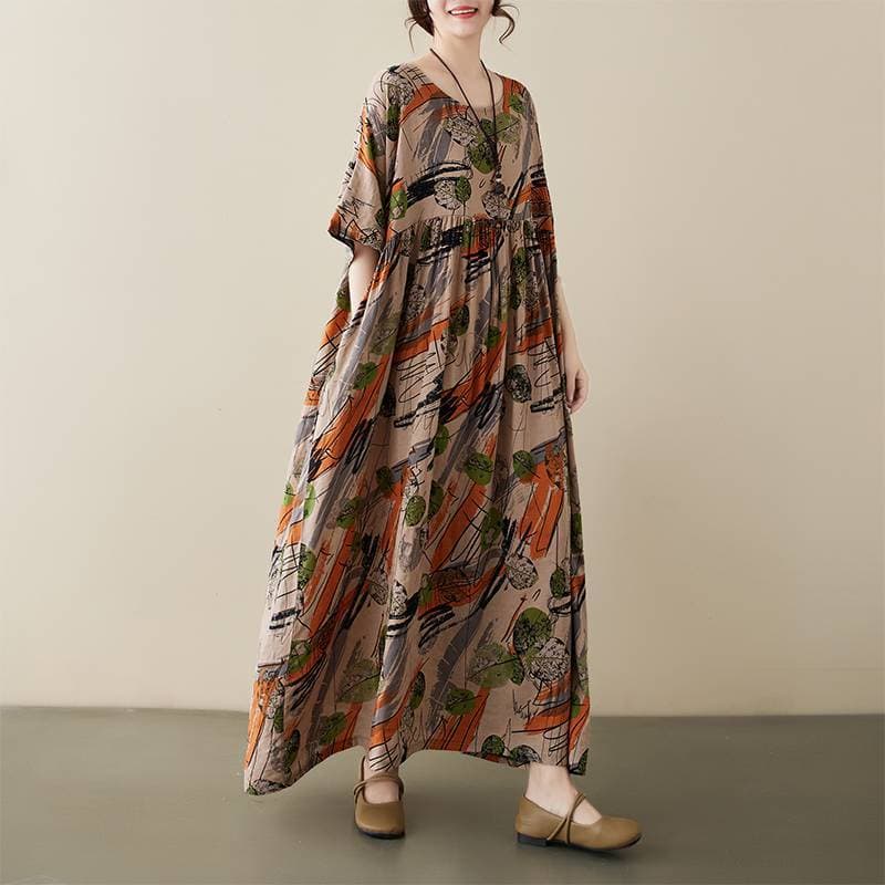 Johnature Woman Spring Loose Short Sleeves Vintage Splicing A-Line Dress O-Neck Chinese Style Dress One Size coffee