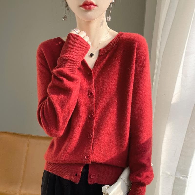 2024 V-Neck Cashmere Cardigan: Women's Versatile Long Sleeve Sweater for Spring, Autumn & Winter XL