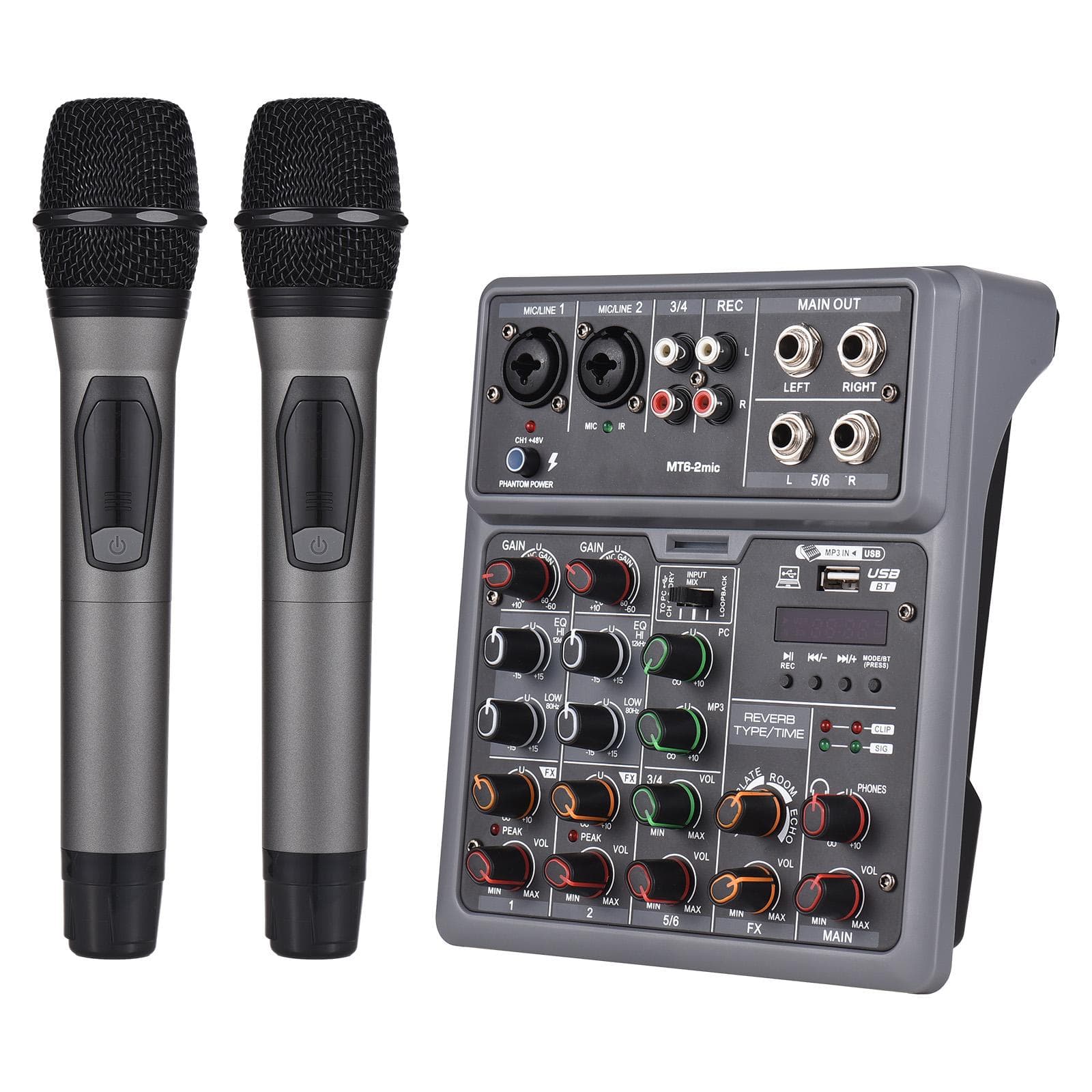 Audio Mixer 6 Channel Mixing Console with 2 Wireless Microphone BT Mixer OTG 4 DSP Scene Effects US Plug black