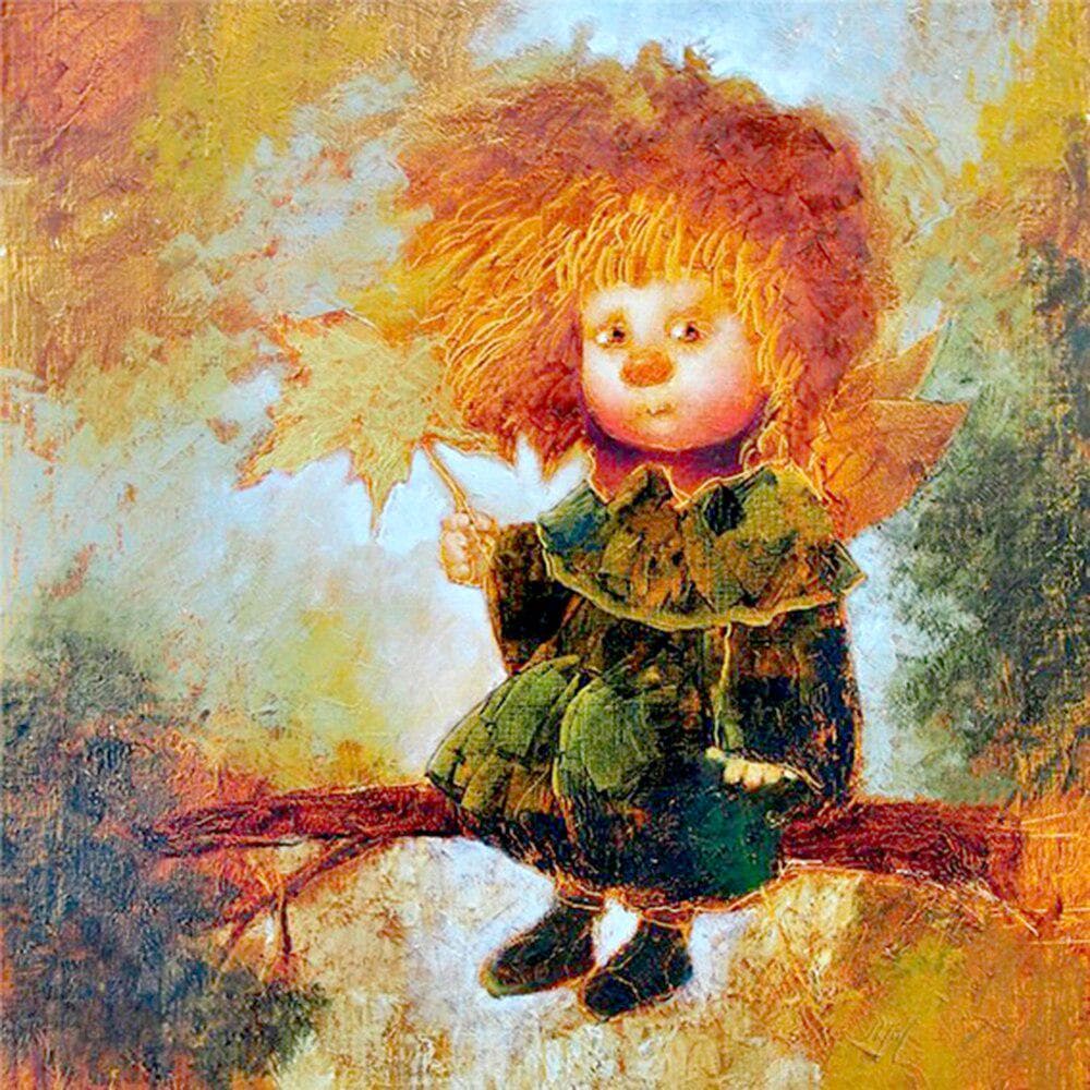 Round Diamond Painting Boy on The Tree Embroidery Cross Stitch Rhinestone Mosaic Home Decor 30x30CM
