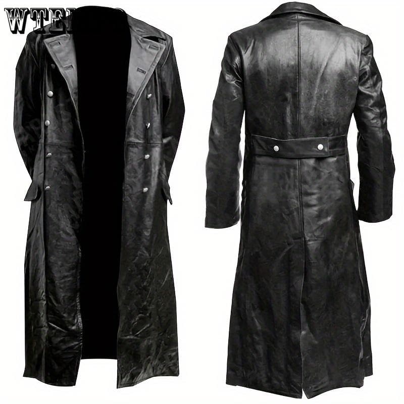 Stylish Men's PU Leather Jacket - Double-Breasted Long Windbreaker for Autumn and Winter XXXXXL black
