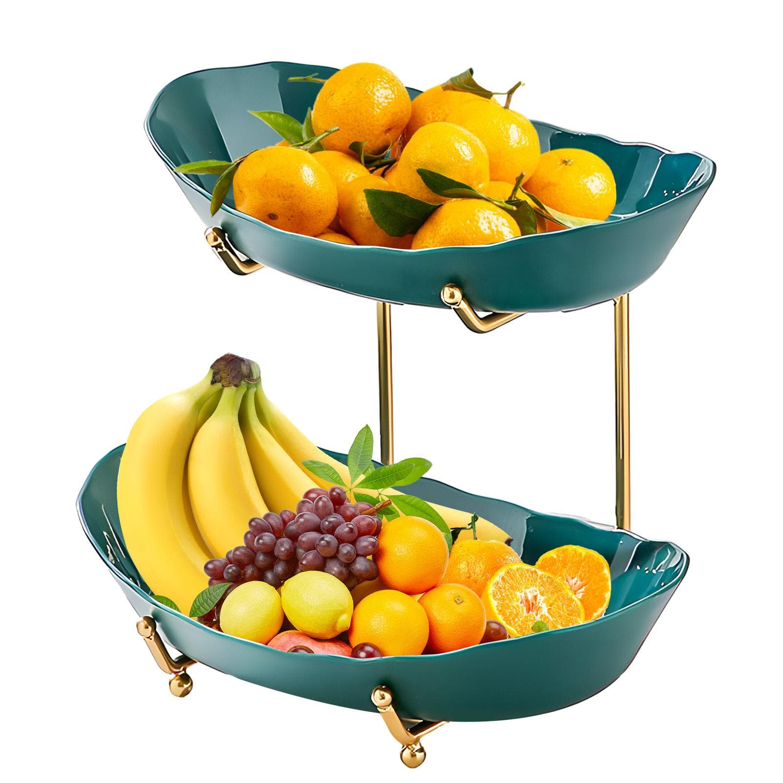 Fruit Bowl for Kitchen Counter 2 Tier Acrylic Fruit Basket with Serving Bowls and Metal Stand 2 Tier dark green