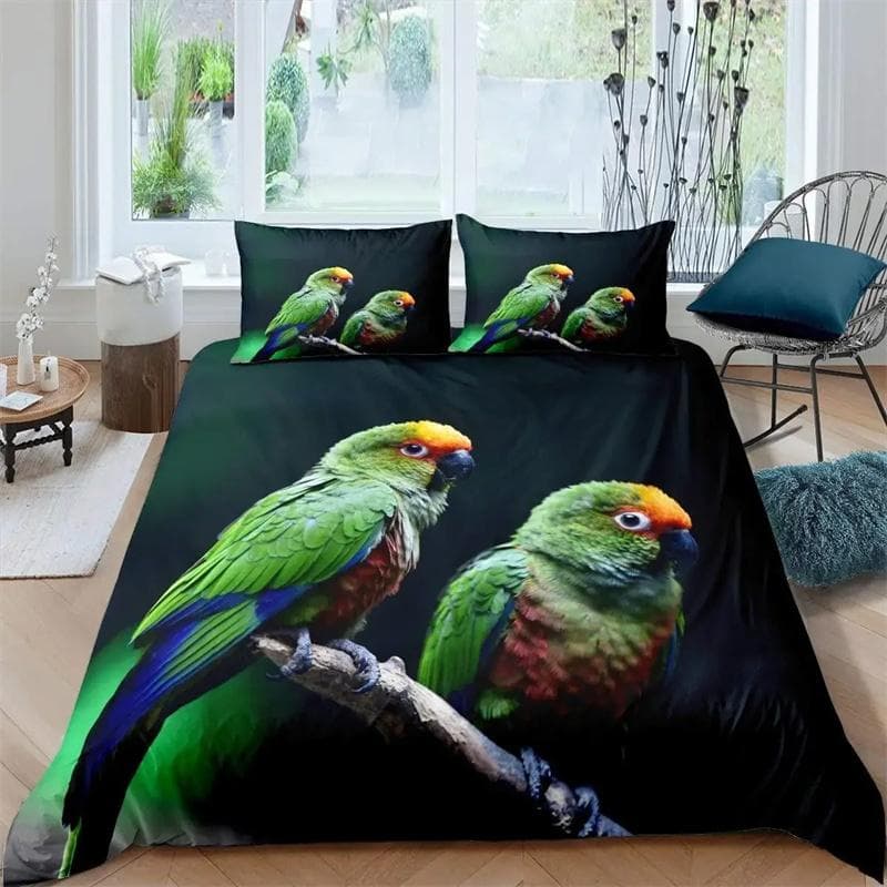 Parrot Duvet Cover Set Black White Stripe Bedding Set Green Plant Palm Leaves Quilt Cover Bird Animal Polyester Comforter Cover 135X200cm-2pcs