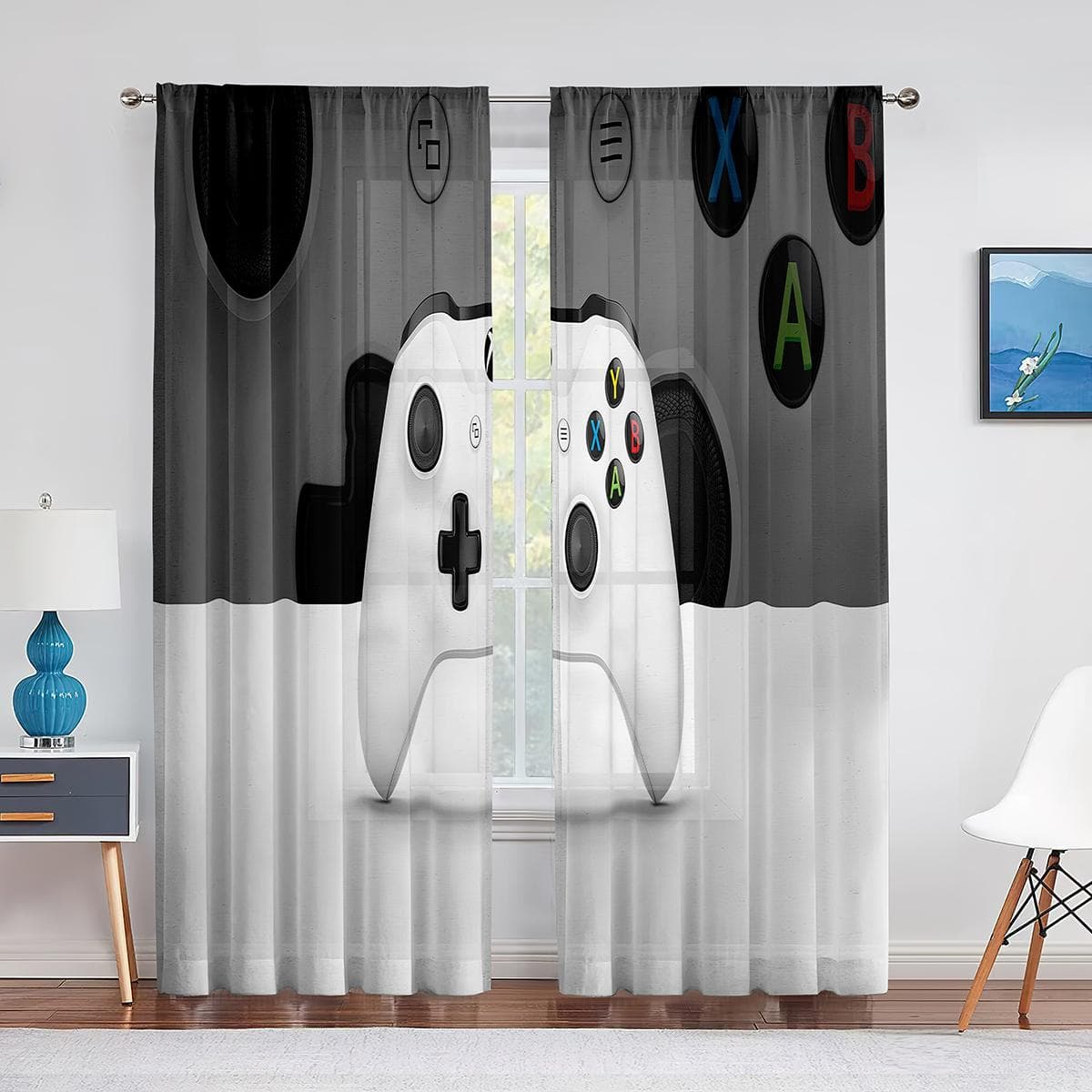 Boys Gamer Tulle Curtains for Living Room Decor Gaming Controller Video Game for Kids Sheer Voile Curtain Window Drapes Blinds 1 PCS W500XH250cm&Rod Pocket