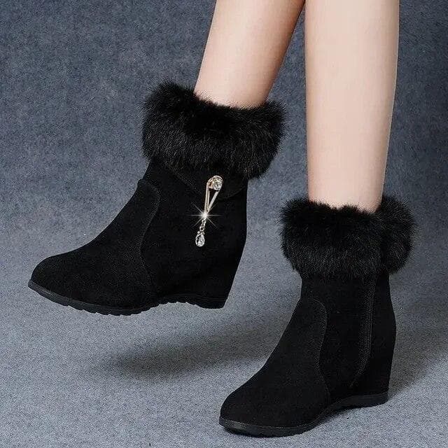Winter Fashion Women Wedges Ankle Boots Increasing Height Shoes High Heels Booties Metal Rhinestone Boots 39 black