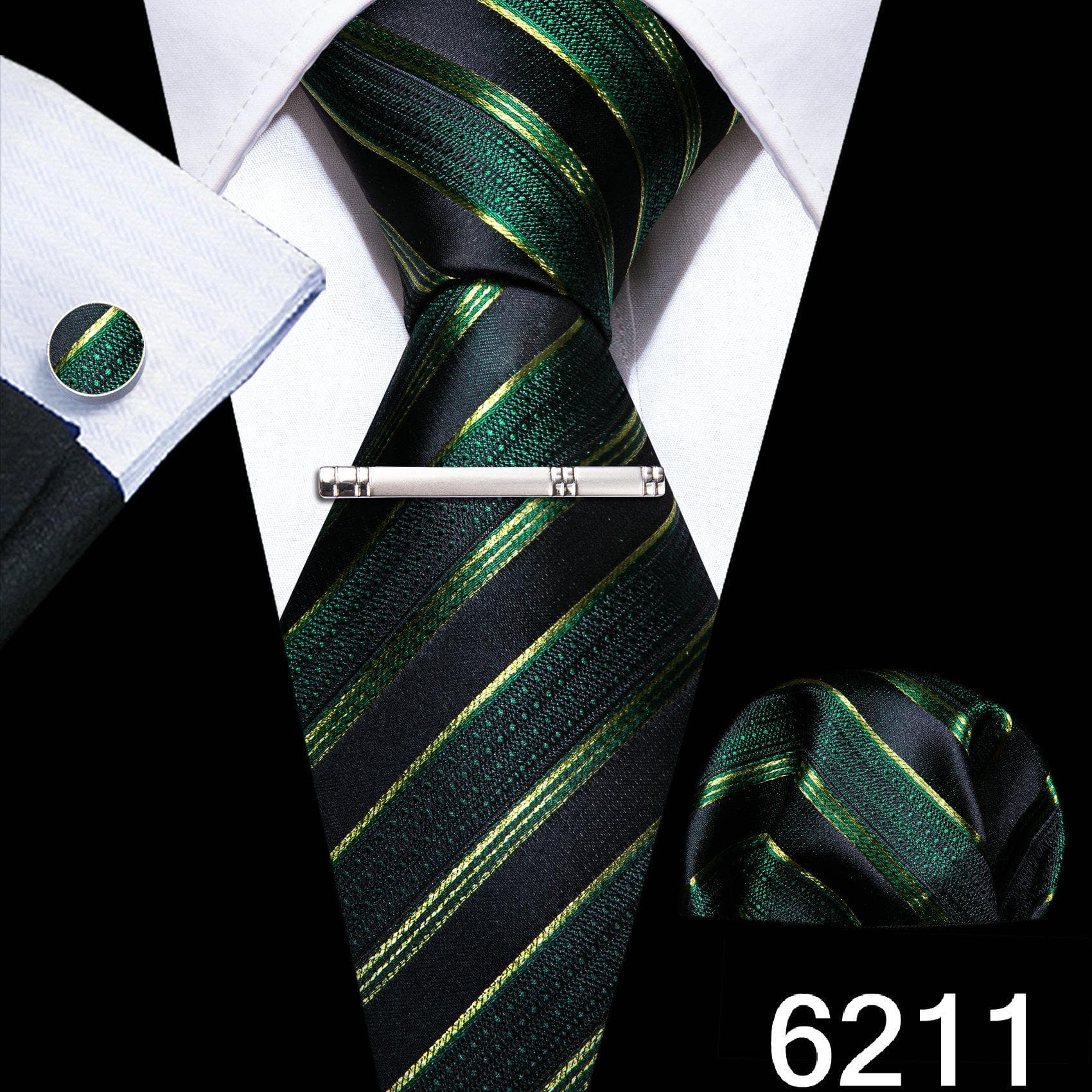 Barry.Wang Mens Green Blue Ties with Silver Tie Clip Wedding Silk Necktie Hanky Cufflinks Business Set N-6211