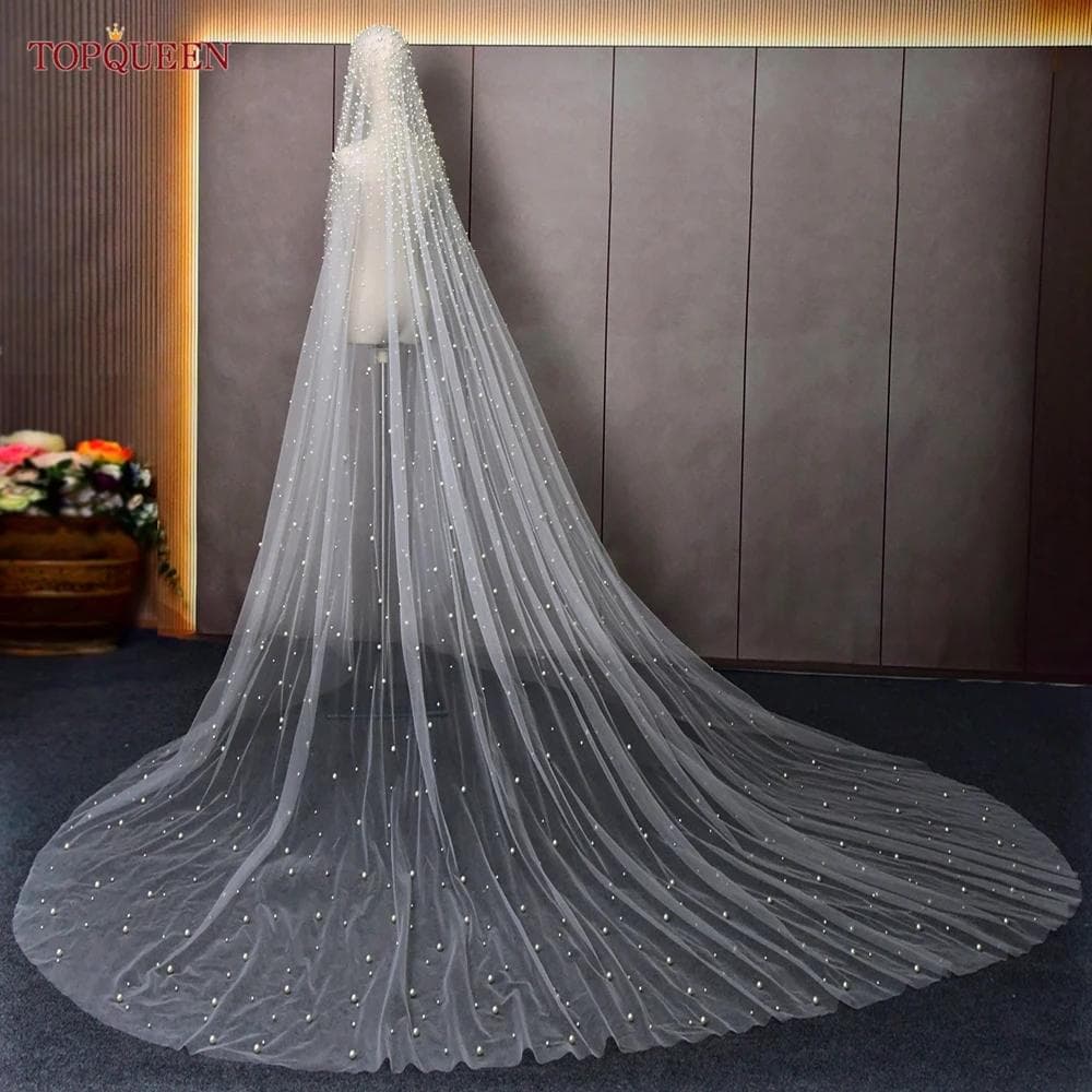 Pearls Wedding Veils with Comb Beaded Wedding Accessories 3M Cathedral Wedding Veil Luxury Elegant 300cm white