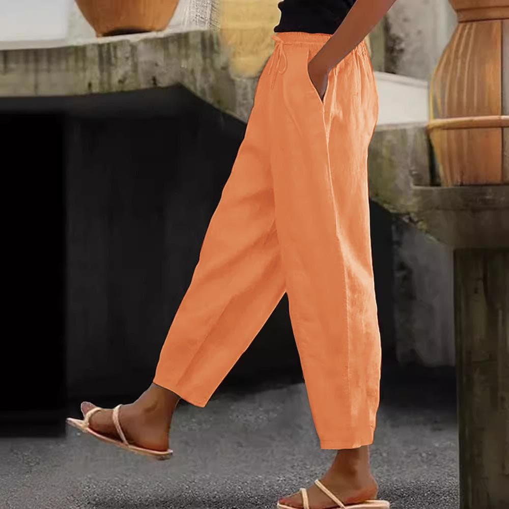 Women's Cotton Linen Trouser Solid Color Elasticated Waist Trousers Casual Straight Leg Bottoms with Pockets M orange
