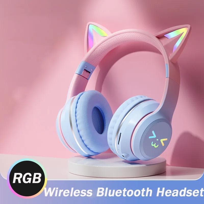 2024 New Cute Cat RGB Colour Lights Wireless Headphones Bluetooth 5.1 Stereo Music Gaming Headsets for Girls Kids Gift Headset with Microphone blue