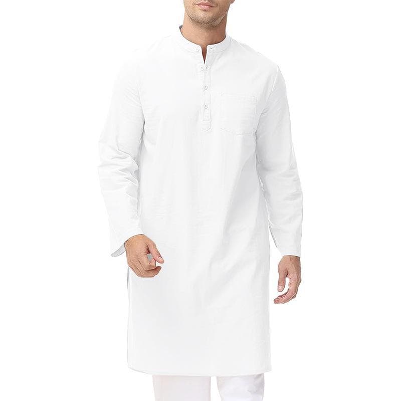 Men's National Costume Cotton Long-Sleeved Robe Henley Shirt with Side Slits and Buttons. XXL