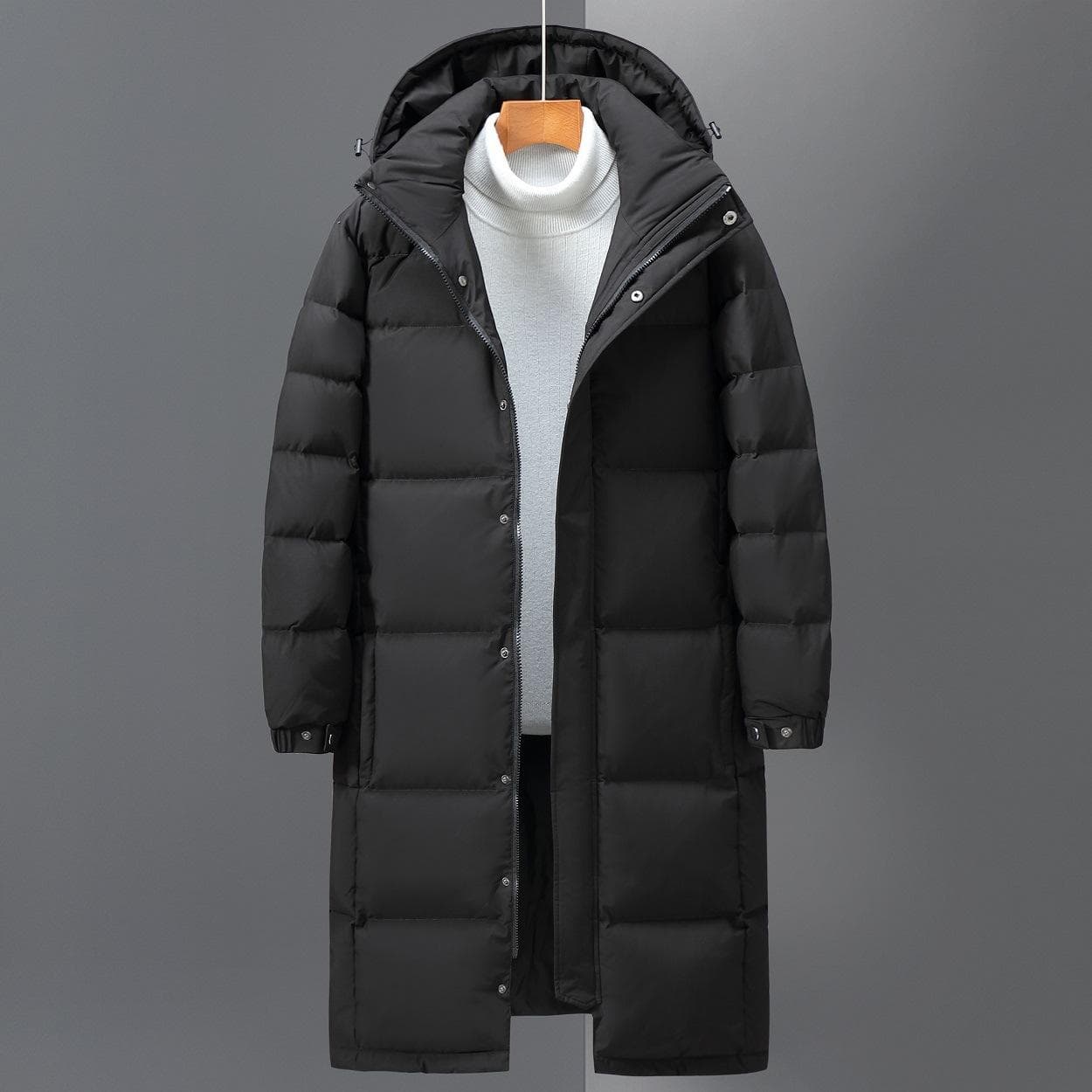 Down Jacket Men's Knee Length Winter Outdoor White Duck Down Hooded Jacket M black