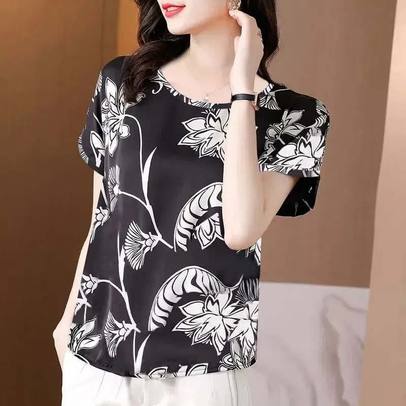 Women's Printed T-shirt Loose Crew Neck Short Sleeves Women's Thin Pullover Top Bottoming Shirt Summer New Fashion Everyday Casual Wear M black