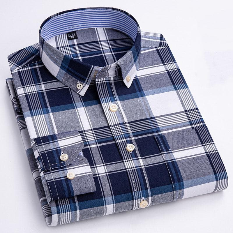 Cotton Oxford Shirt Plus Size S~7XL Casual Business Men Plaid Shirts Checkered Design Regular Fit Long Sleeve with Front Pocket Man's Blouses 5XL