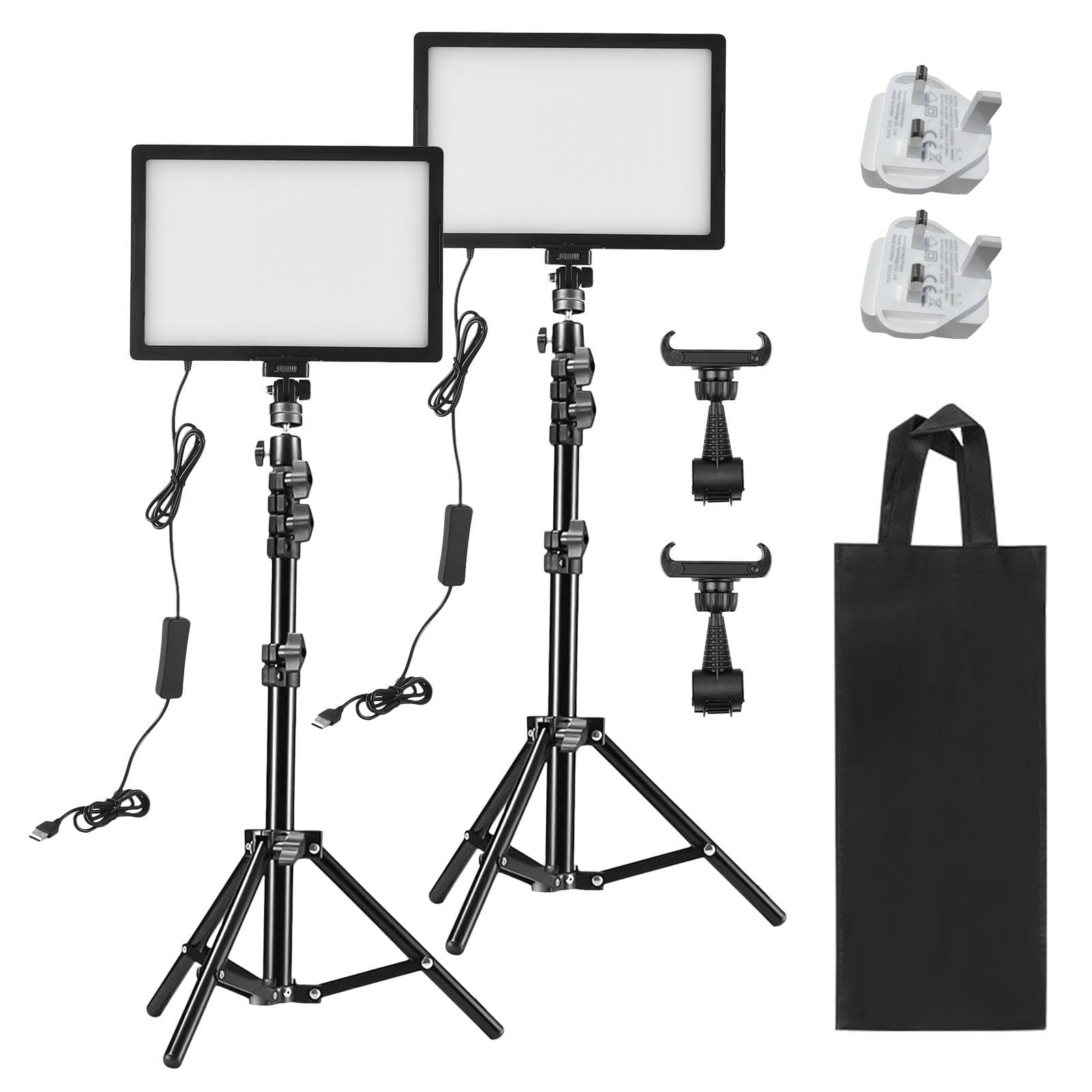 2 Packs LED Video Light Kit 15W LED Light Panel with 1.2M Metal Light Stands Phone Holders