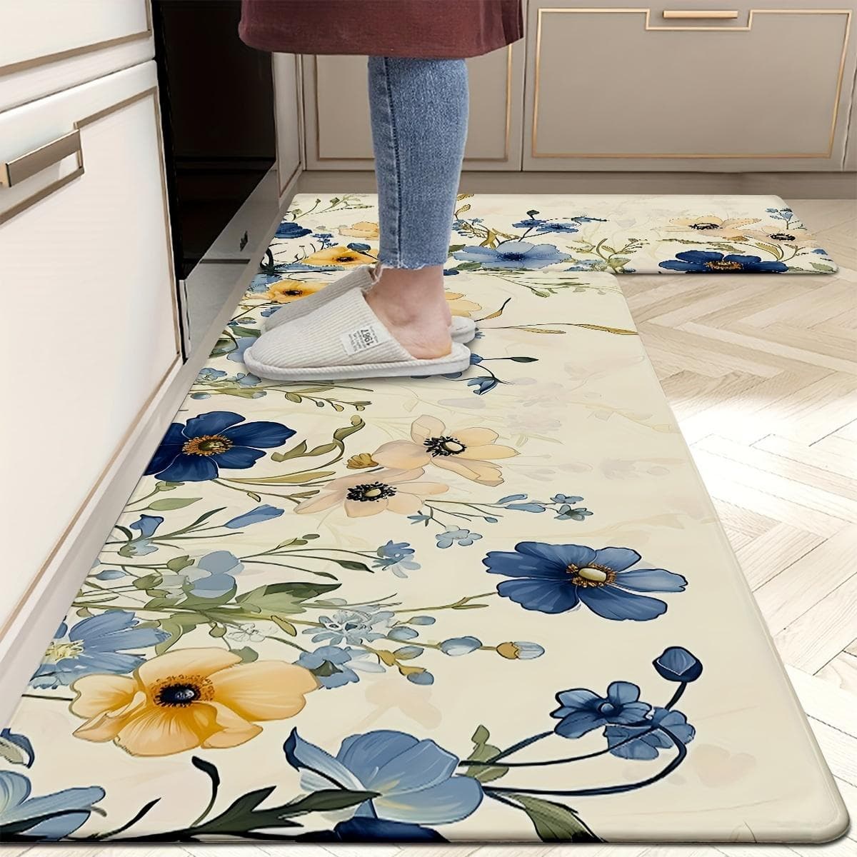 1Pcs Anti Fatigue Kitchen Rugs, OneHouse Flowers Print Waterproof Non-Slip Thick Cushioned Kitchen Mat Heavy Duty Comfort Standing Mat for Kitchen 40*60cm