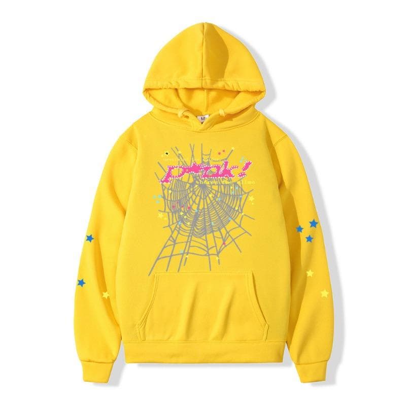 Autumn Winter Spider Web Hip Hop Singer Printed Versatile Hoodie Loose Casual Hoodies & Sweatshirts Men’s M yellow