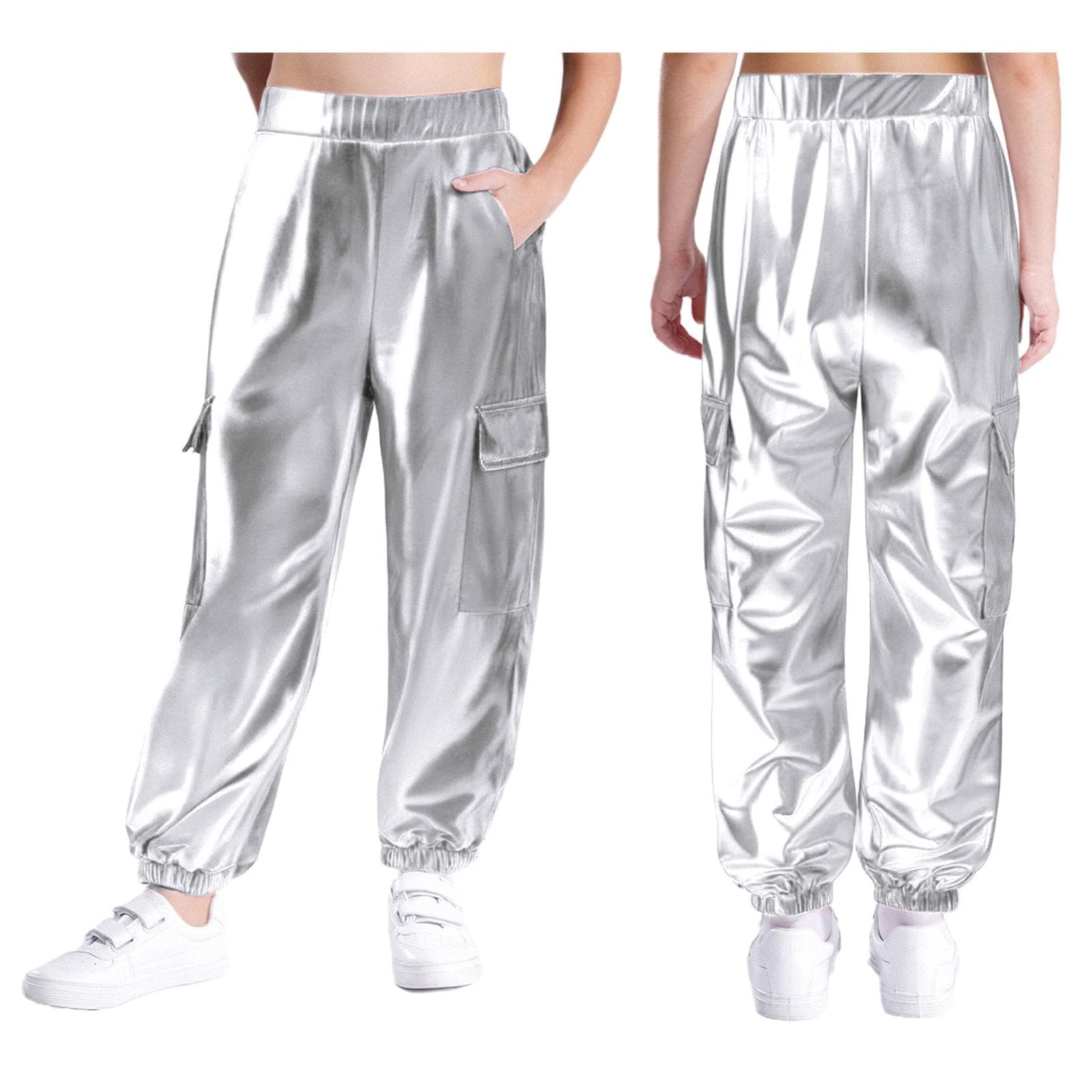 Kids Unisex Sparkly Dance Trousers Metallic Shiny Elastic Waist with Functional Pockets Stage Outfit 5-6 Years silver