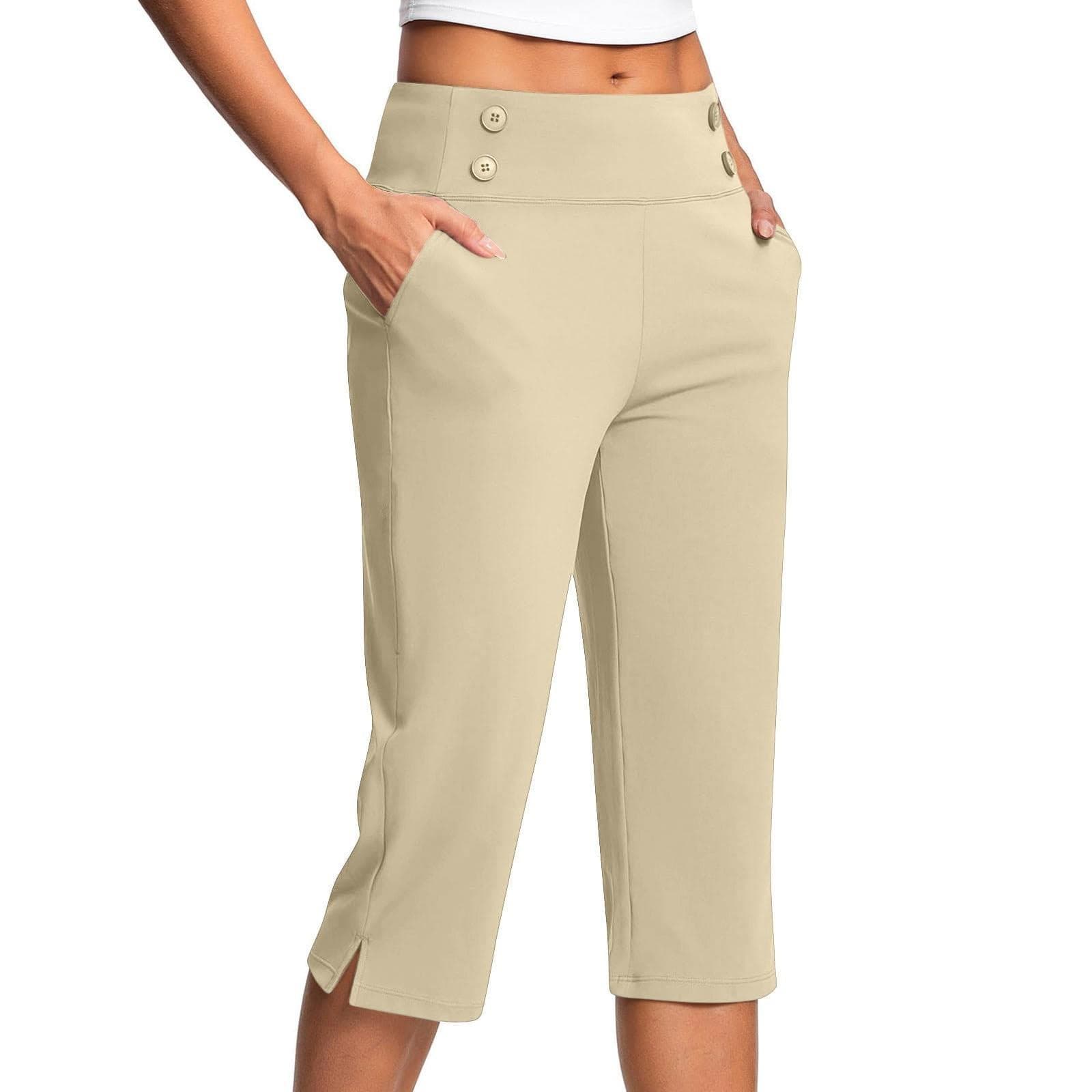 Women's Fashionable Solid Color Button Pocket Pants With Split Hems High Waist Sports Yoga Casual Cropped Pants L beige