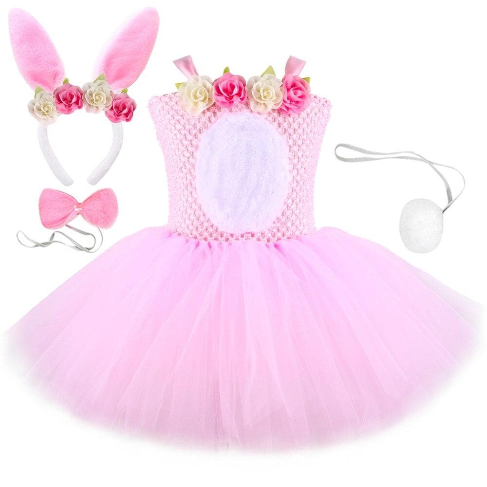 Girls Easter Bunny Costume Kids Cute Animal Pink Rabbit Tutu Princess Dress for Girls Halloween Birthday Party Flowers Tulle Dresses S (1-2 Years) pink