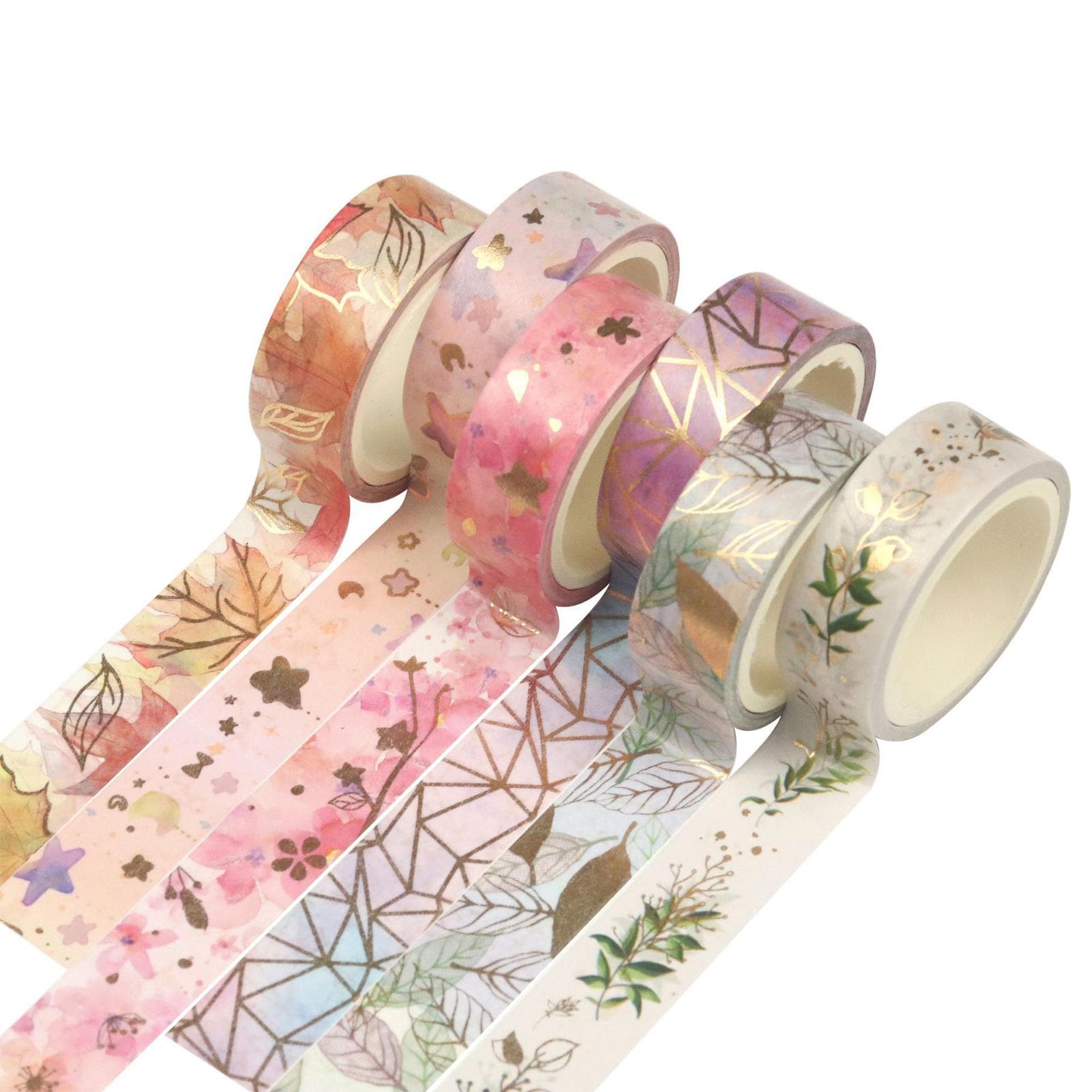 6 Rolls Washi Tape Set Floral Gold Foil Washi Masking Tape 15mm Wide Plant Leaves Flower Decorative 6 Rolls