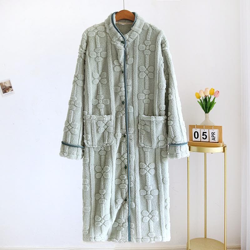 Autumn and Winter New Women's Nightgown Flannel Sweet and Cute Bathrobe Women's Nightdress Stand Collar Button Home Dress L blue
