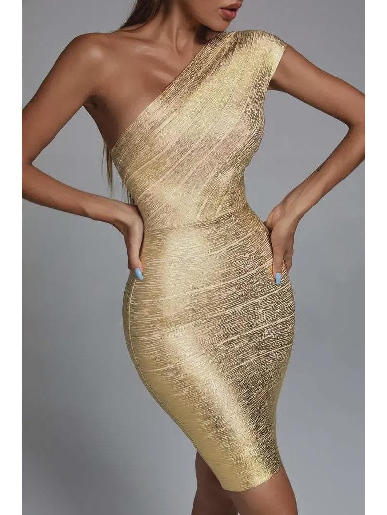 Gold-Stamped Silver Oblique Shoulder Bandage Evening Dress Large