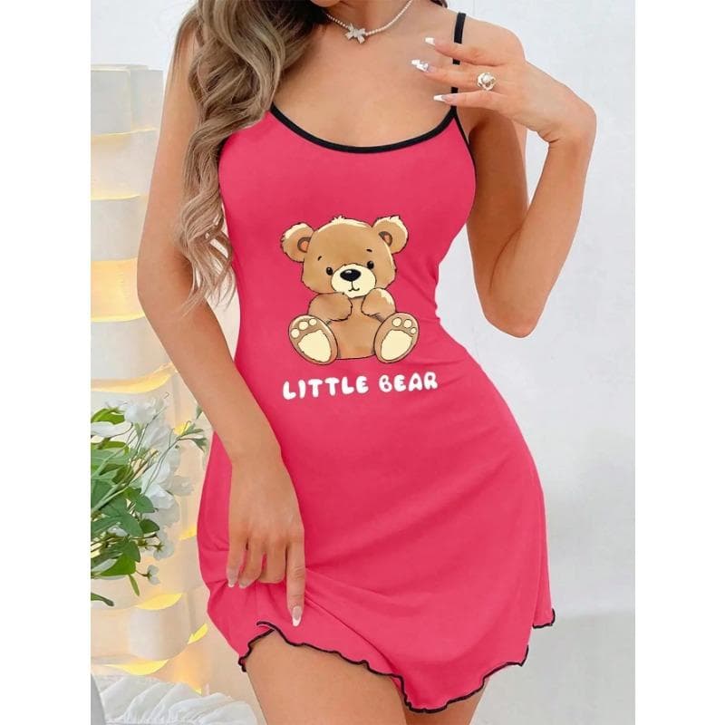 Summer Women's Suspender Pajamas with Letter Bear Print Sleeveless Ruffle Suspender Mini Dress Comfortable Home Wear XL