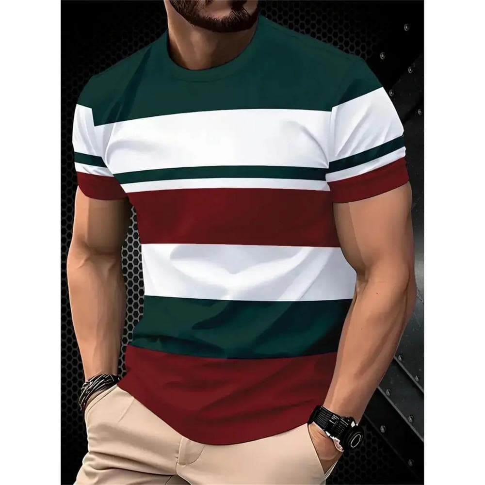 The Classic Design of Colorful Stripes and the Fashionable Style of Men's Short-sleeved T-shirts in Various Colors 3XL