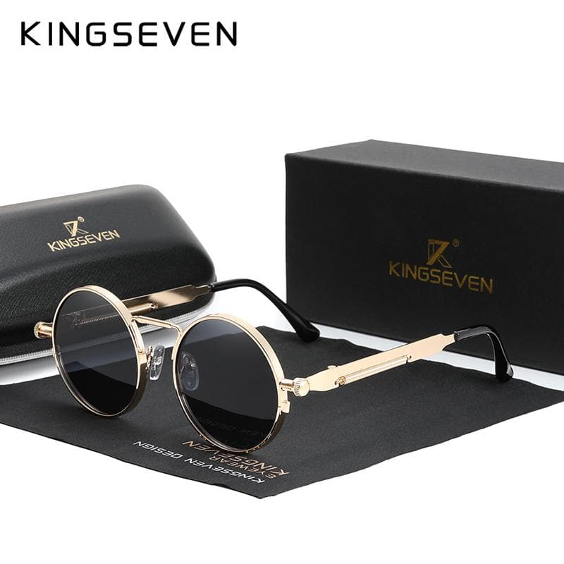 KINGSEVEN High Quality Gothic Steampunk Sunglasses Polarized Men Women Brand Designer Vintage Round Metal Frame Sun Glasses M gold
