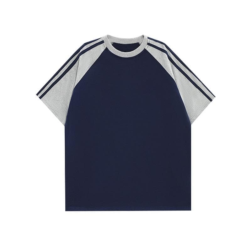 Solid-colorPure Cotton Textured CollaredShoulder Insertion, Contrasting Color Striped Short-sleeved T-shirts for Men and Women 2XL grey/navy blue