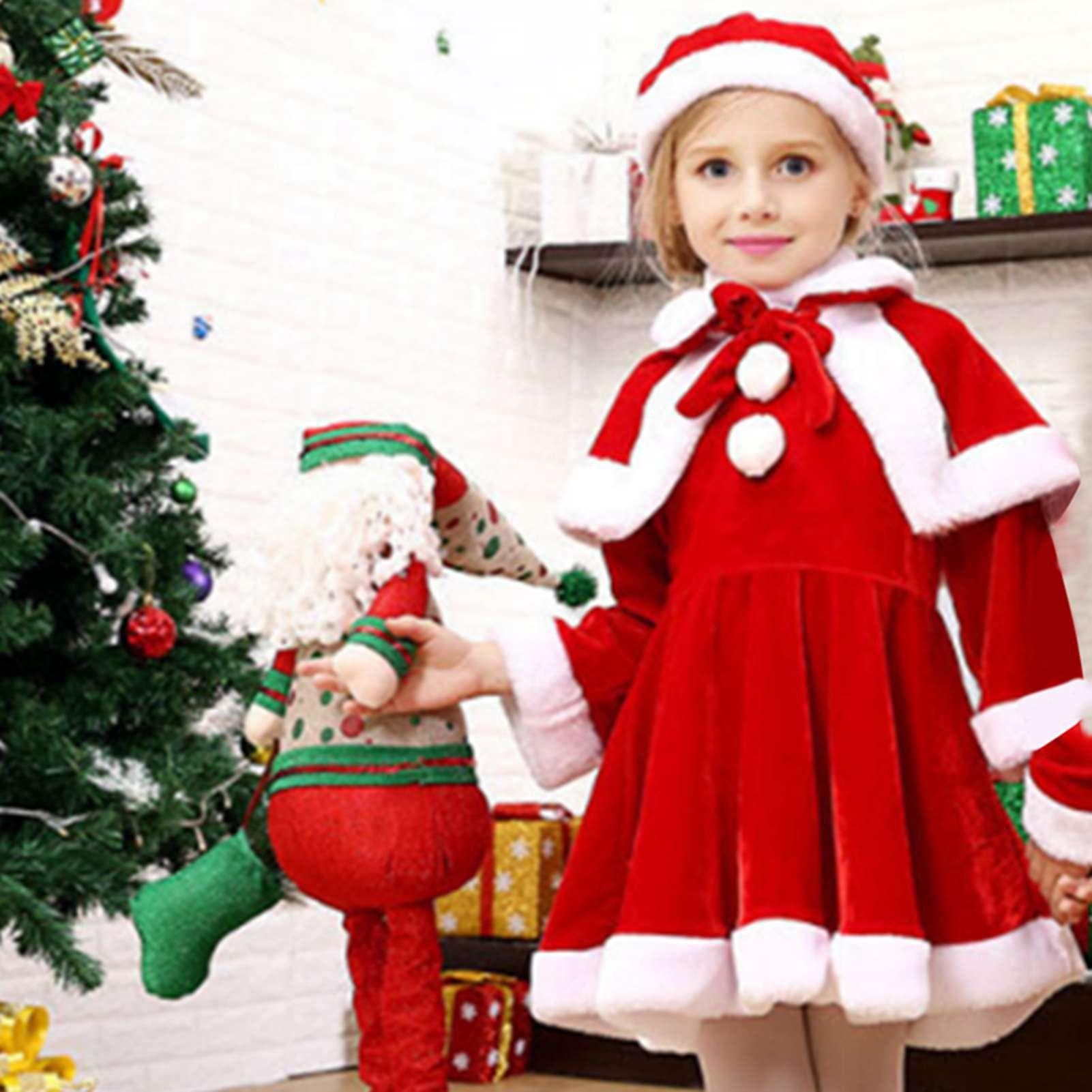 3Pcs Kids Girl Christmas Santa Costume Cute Christmas Red Dress + Santa Hat + Capelet Set Fashion Children Christmas Party Costume 110