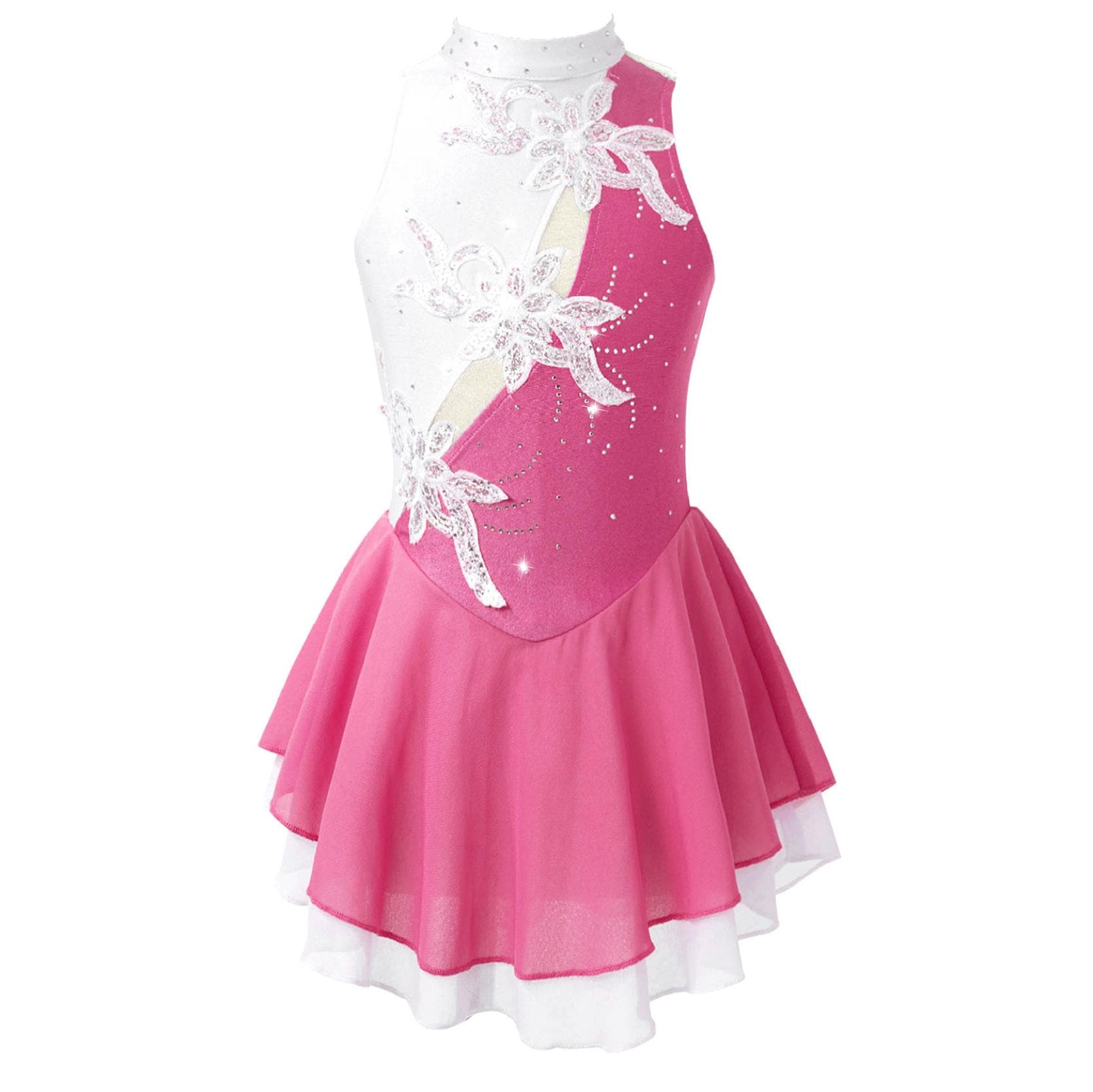 Sequin Floral Figure Ice Skating Dress Child Girls Gymnastics Leotard Ballroom Ballet Dance Costume Lyrical Performance Clothing 8-10 Years pink