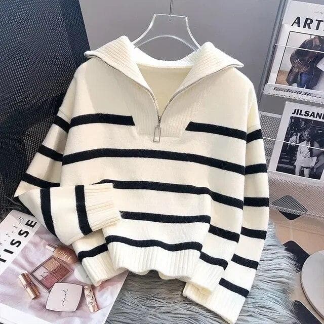 Casual Sweater Women Zipper Turtleneck Striped Pull Femme Thicked Casual Sueter 2022 Ropa Mujer Knit Oversized Cardigan Coat One Size white