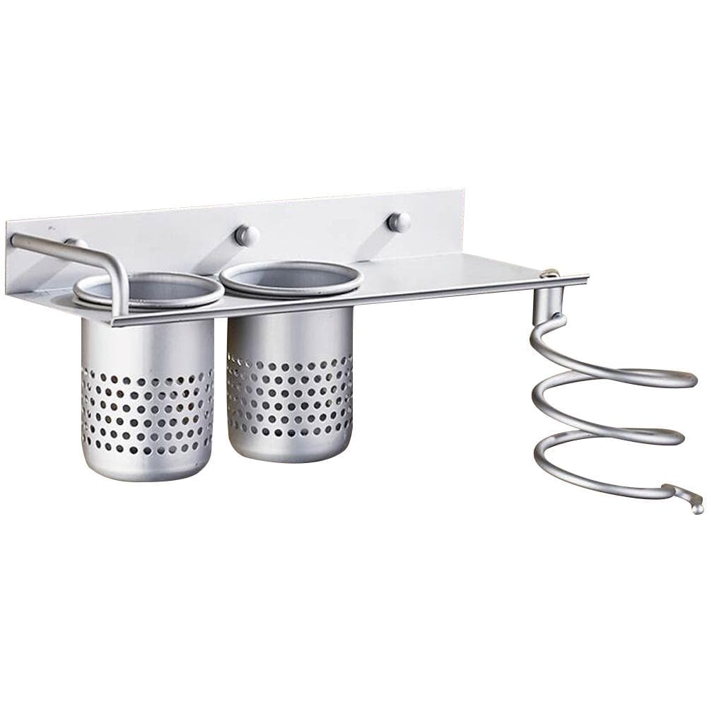 Hair Dryer Holder Wall Mounted Hair Dryer Hanging Rack With Organizer Cup Aluminum Storage Rack for Type 3 silver