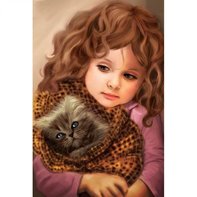 Diamond Painting Cross Stitch Girl holding cat 3D Diamond Embroidery Rhinestone Mosaic Home Decor 20X30CM
