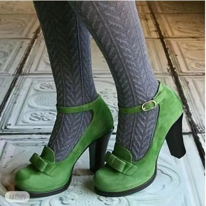 Women's high heels, single shoes, versatile temperament, thick heels, low top shoes, oversized seasonal shoes 35 green