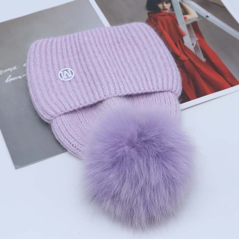 Real Fox Fur Beanie With Pom Pom Warm Winter Hat for Women Girls Natural Pompom Hat Outdoor SKI Knitted Thick Cap lavender