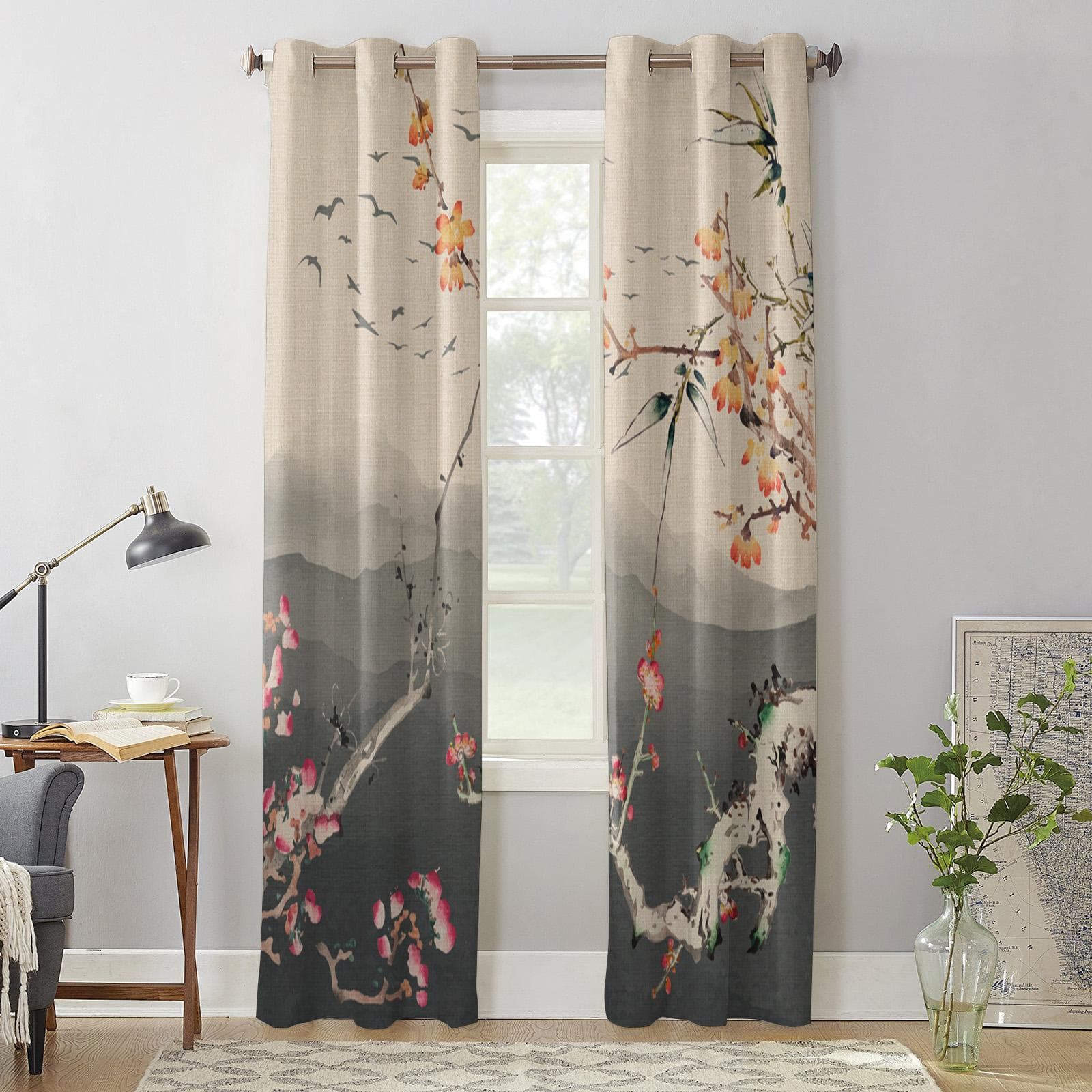 Chinese Painting Plum Blossom Landscape Window Curtain Living Room Luxury Valance Curtain for Bedroom Home Kitchen Decor Curtain 135W x 60H(cm) x1