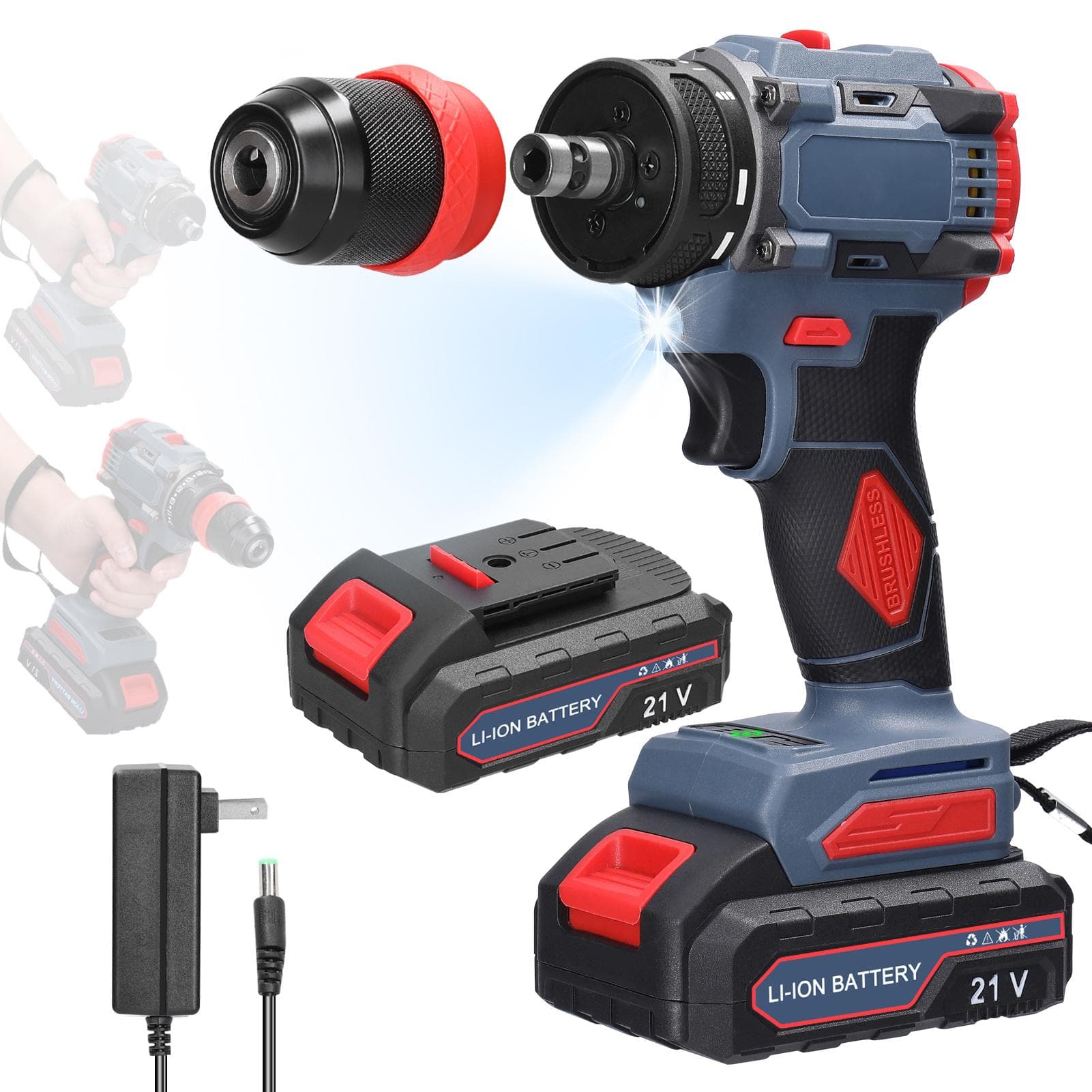 21V 2in1 Lithium Drill Electric Screwdriver Multifunction Power Tool 55Nm Torque Brushless Motor 2pcs batteries US Plug multicolour