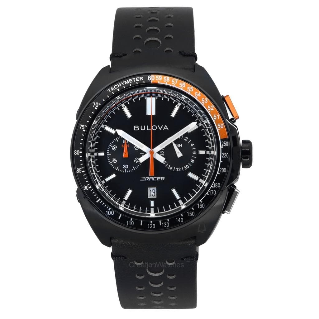 Bulova Racer Chronograph Leather Strap Black Dial Quartz 98B428 100M Men's Watch black