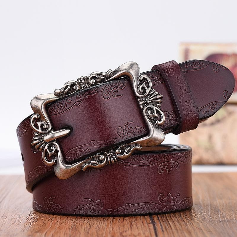 Fashion Wide Genuine leather belts for women Vintage Floral Pin buckle Woman belt High quality second layer Cow skin jeans strap brown