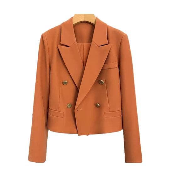 Spring Women Breasted Office Cropped Blazer Lapel Solid Color Long Sleeve Double Jacket Suit Coat 3XL orange