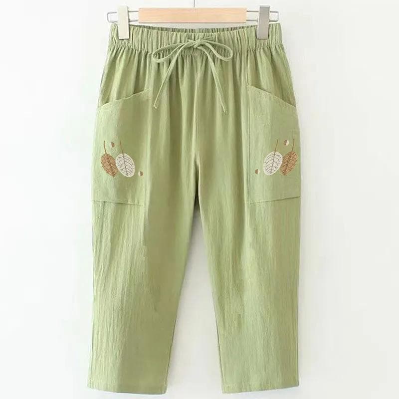 100% Cotton Thin Pants, Summer New, Large Size, Embroidered, Straight Pants, Women's, Elastic Waist, Versatile, Casual Capris 4XL green
