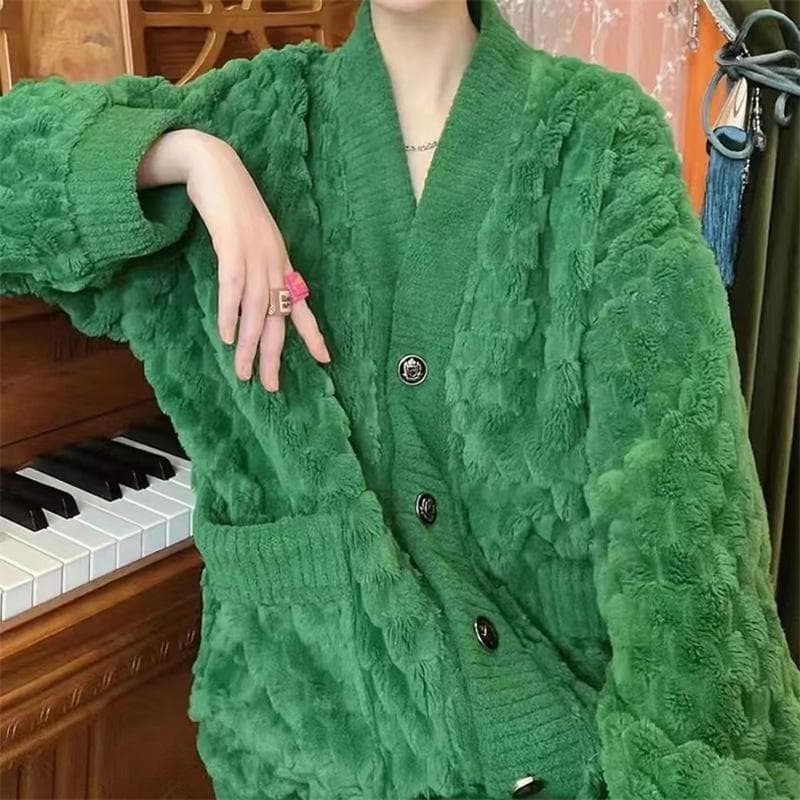 Women's Flannel Cardigan Home Fur Solid Color Loose Coral Fleece Pajamas Set Autumn and Winter Pants Two-piece Set Striped Red 5XL
