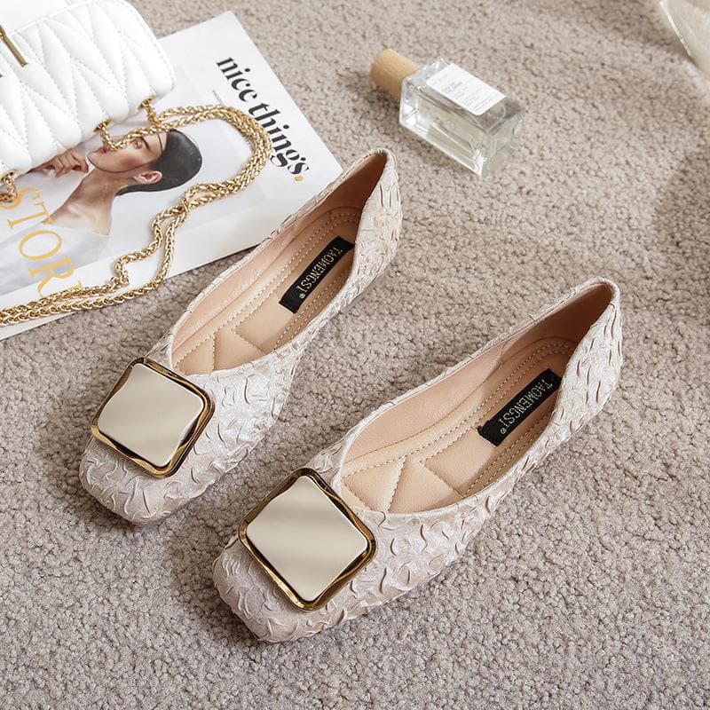 Shoes Women's New Spring and Autumn Satin Soft Leather Square Toe Single Shoes Women's Shallow Mouth Pregnant Women Flat Bottom Size Scoop Shoes 33