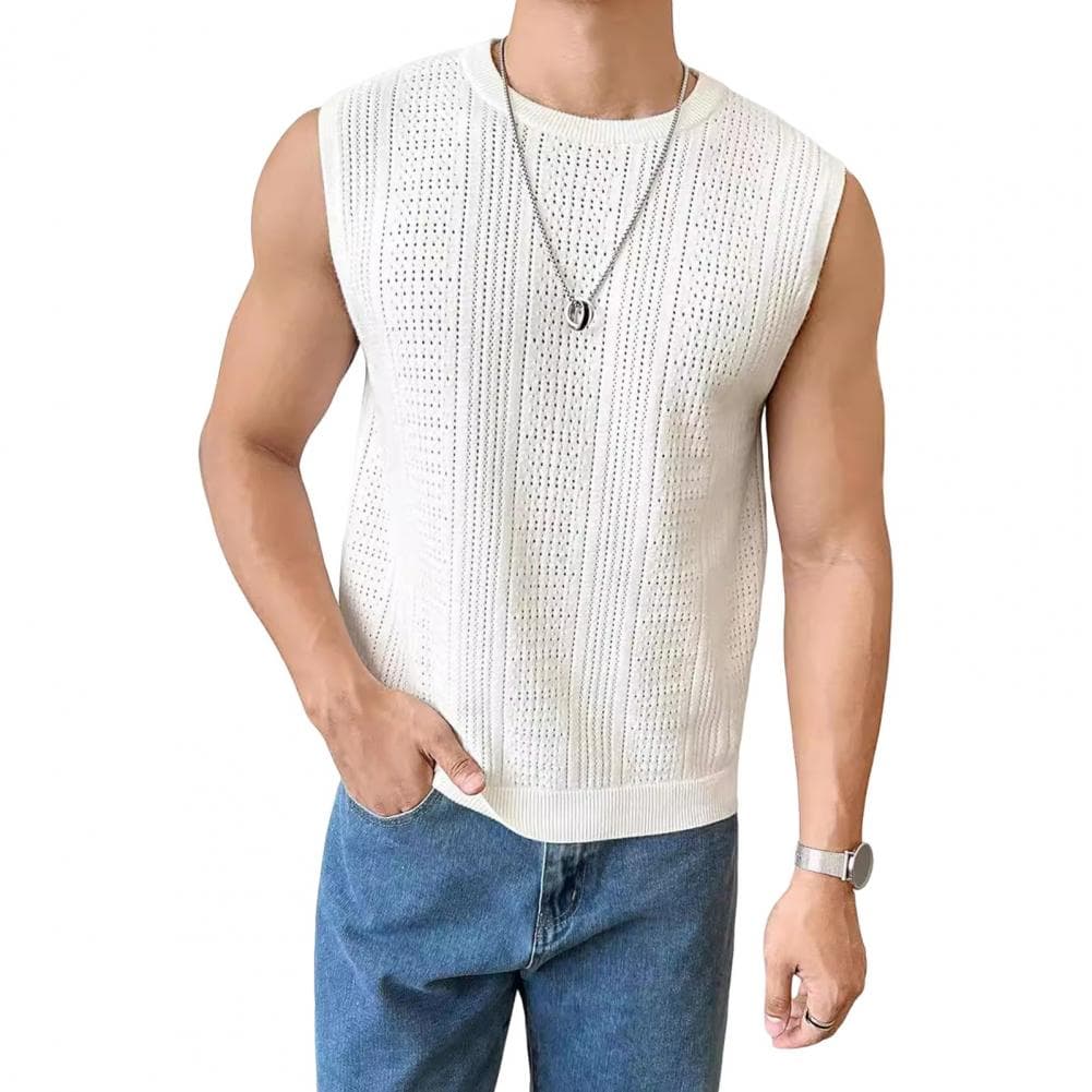 Men Sleeveless Knit Top Men's Summer Hollow Breathable Knitting Vest for Daily Wear Street Style Slim Fit Solid Color Sleeveless M white