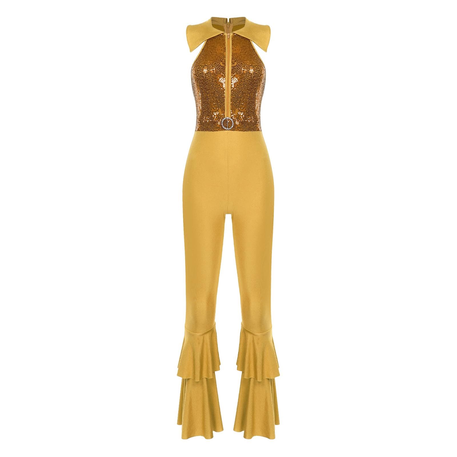 Womens Disco Jumpsuit Shiny Sequins Sleeveless Bell Bottom Design Rhinestone O-Ring Accents for 70s Theme Parties 4XL gold
