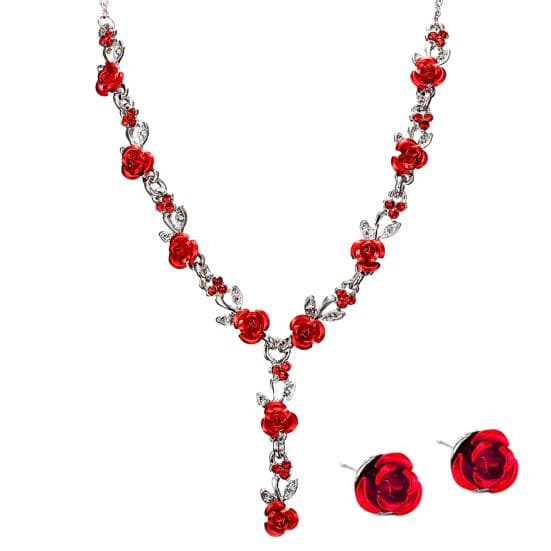 2Pcs/Set Fashion Acrylic Rose Pendant Stud Earrings Necklace Women Jewelry Gift red