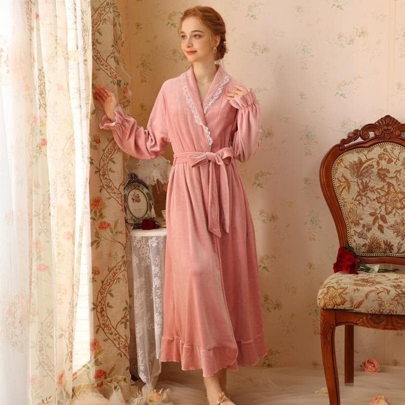 Velvet Robe Women Fall Winter Long-sleeved Bathrobe Court Style French Velvet Pajamas Bridal Red Morning Robe Thickened Homewear L